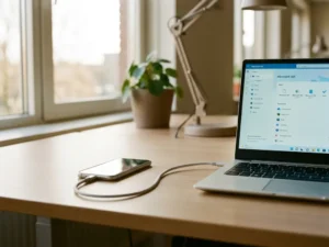 Smartphone en laptop met Microsoft 365 naast elkaar op modern bureau, verbonden met kabel in minimalistisch kantoor.