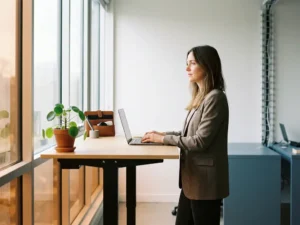 Staande professional aan een modern zit-sta bureau, handen op laptop, blik gericht op een zonnig raam in een opgeruimd kantoor.