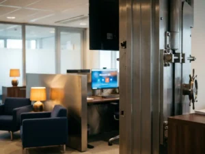 Zware stalen kluisdeur op een kier in modern kantoor met Microsoft 365-werkruimte zichtbaar op monitor, navy en zilver tinten.