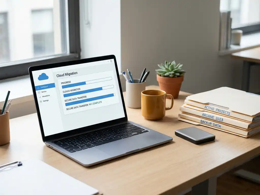 Modern bureau met laptop open op cloud-dashboard, gelabelde mappen en externe harde schijf, symboliseert veilige datamigratie.