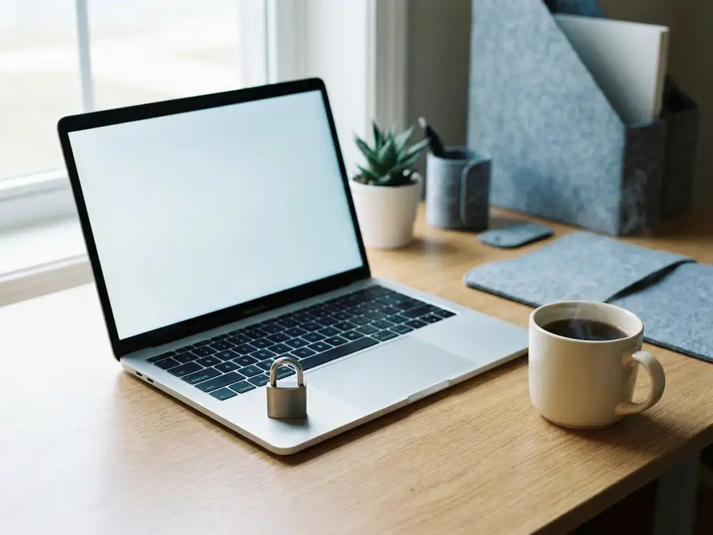 Laptop op thuiskantoorbureau met koffiemok en klein hangslot op toetsenbord, symboliseert veilige remote access in warm natuurlijk licht.