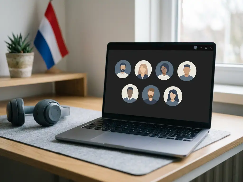 Laptop met videovergadering op modern bureau, draadloze headset ernaast en subtiele Nederlandse vlag op de achtergrond.