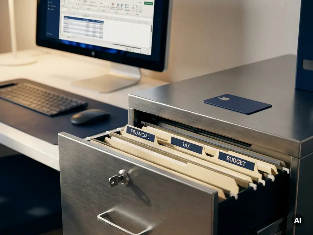 Stalen archiefkast op een kier met geordende financiële mappen en een moderne toegangspas, kantooromgeving op de achtergrond.