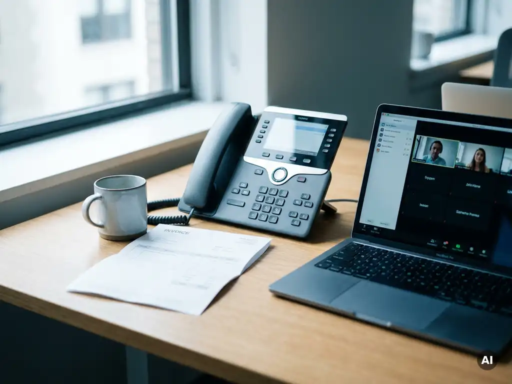 Bureautelefoon naast laptop met Microsoft Teams-gesprek op modern kantoorbureau, gedeeltelijk zichtbare factuur, natuurlijk licht.