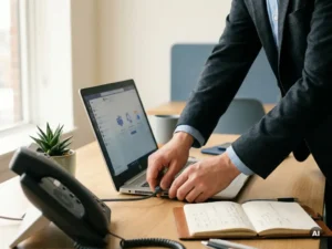 Professional verbindt een bureautelefoonkabel met een laptop met Microsoft Teams op een opgeruimd Nederlands kantoor.