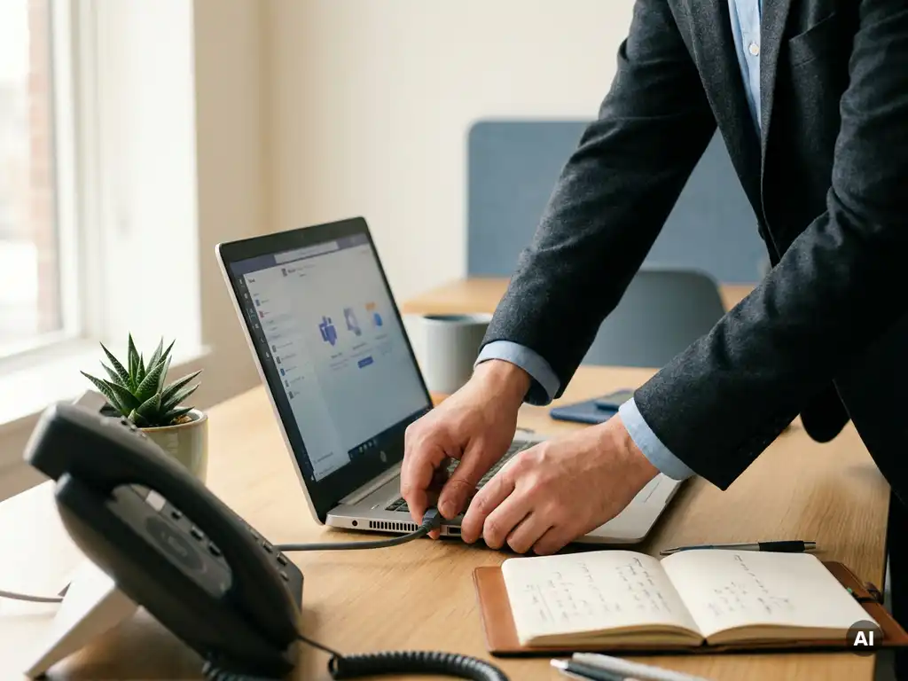 Professional verbindt een bureautelefoonkabel met een laptop met Microsoft Teams op een opgeruimd Nederlands kantoor.