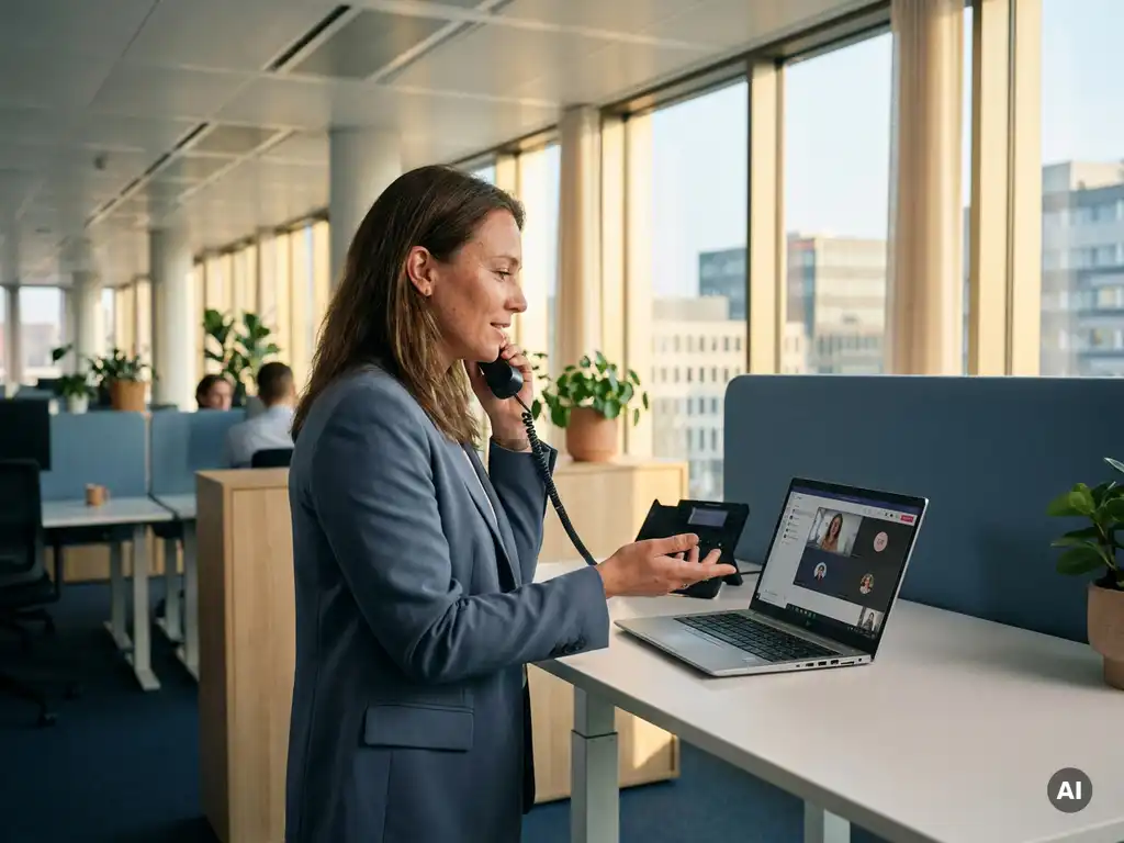 Professional in modern Nederlands kantoor met telefoonhoorn, wijzend naar laptop met Microsoft Teams, warm natuurlijk licht.