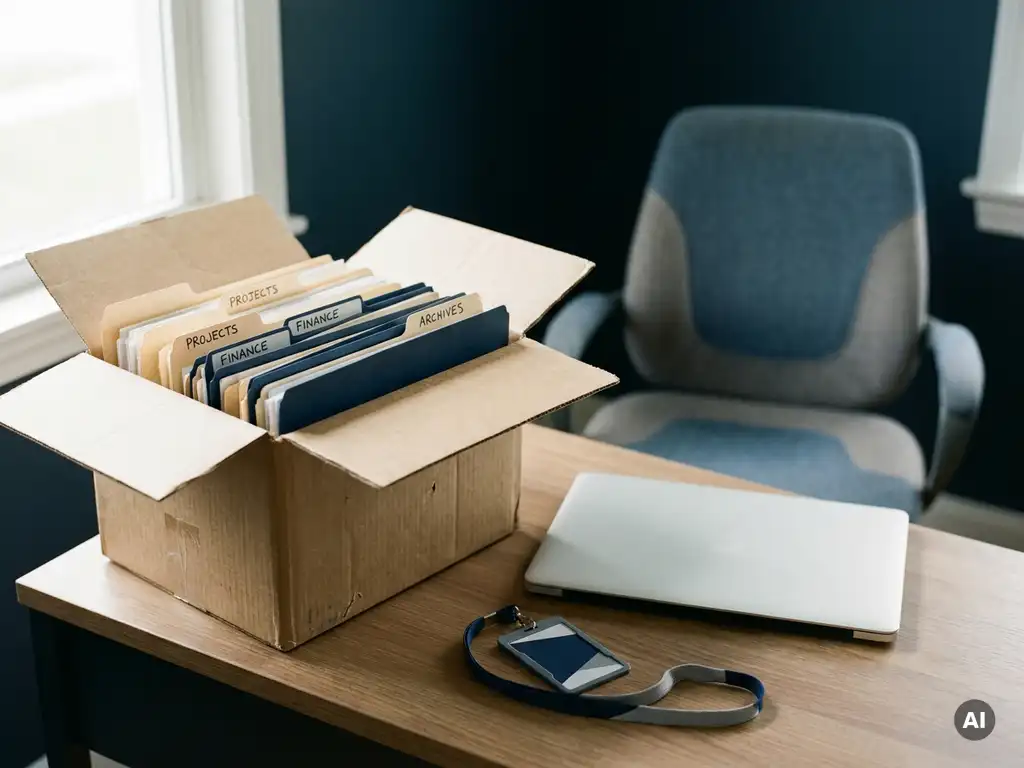 Kartonnen doos met gelabelde mappen en laptop op kantoorbureau, met achtergelaten toegangspas en lege ergonomische stoel op de achtergrond.