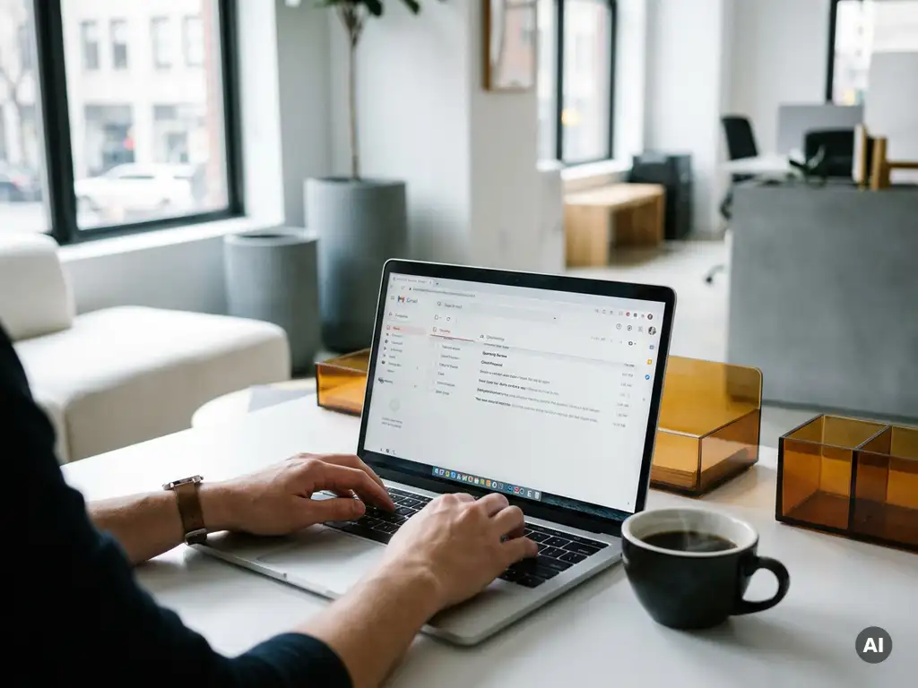 Handen die een e-mail typen op laptop in modern Nederlands kantoor, dampende koffie naast het toetsenbord, natuurlijk daglicht.