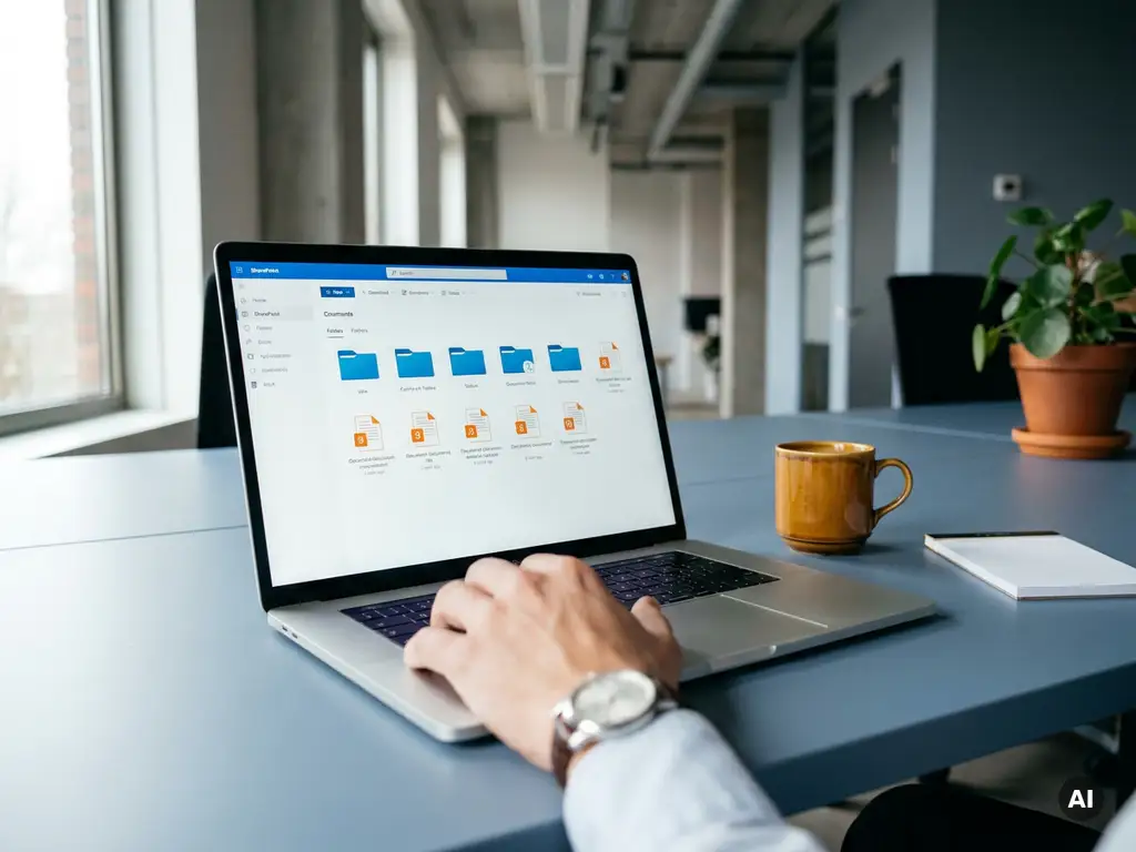 Hand boven laptop-trackpad met georganiseerde SharePoint-mappenstructuur op scherm, modern Nederlands kantoorbureau met koffiekopje.