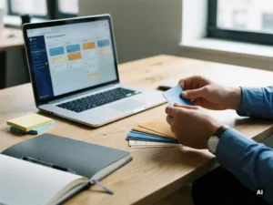 Handen die kleurgecodeerde taakkaarten ordenen op modern bureau met laptop, sticky notes en notitieboek in blauw-amber kantoorlicht.