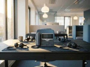 Bureautelefoon met drie aangesloten headsets op modern kantoorbureau, verlicht door natuurlijk zijlicht in open kantooromgeving.